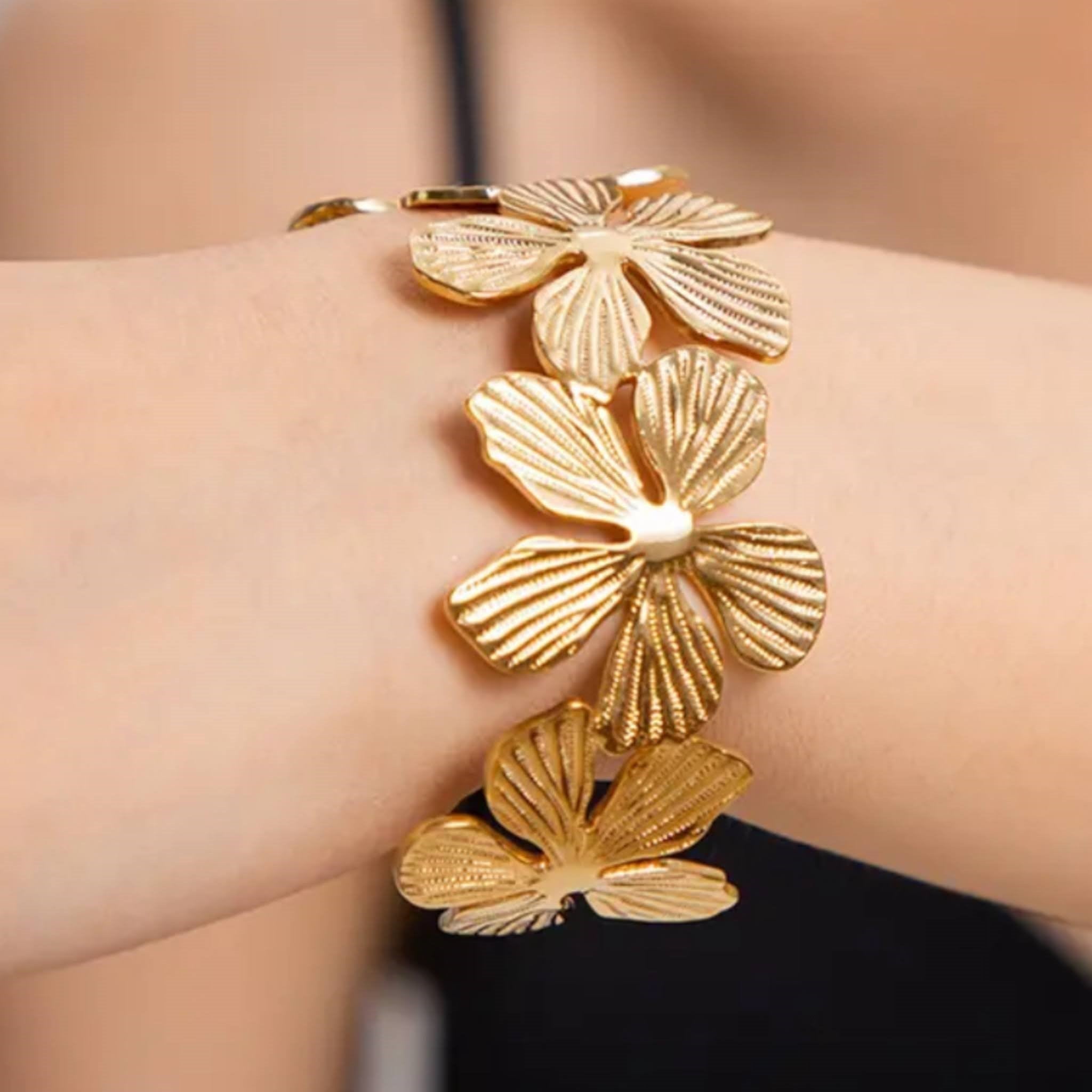 Golden Blossom Cuff Bracelet, 26.2g, Stainless Steel, PVD Real Gold Plated, Inner Diameter 5.77cm, Floral Design