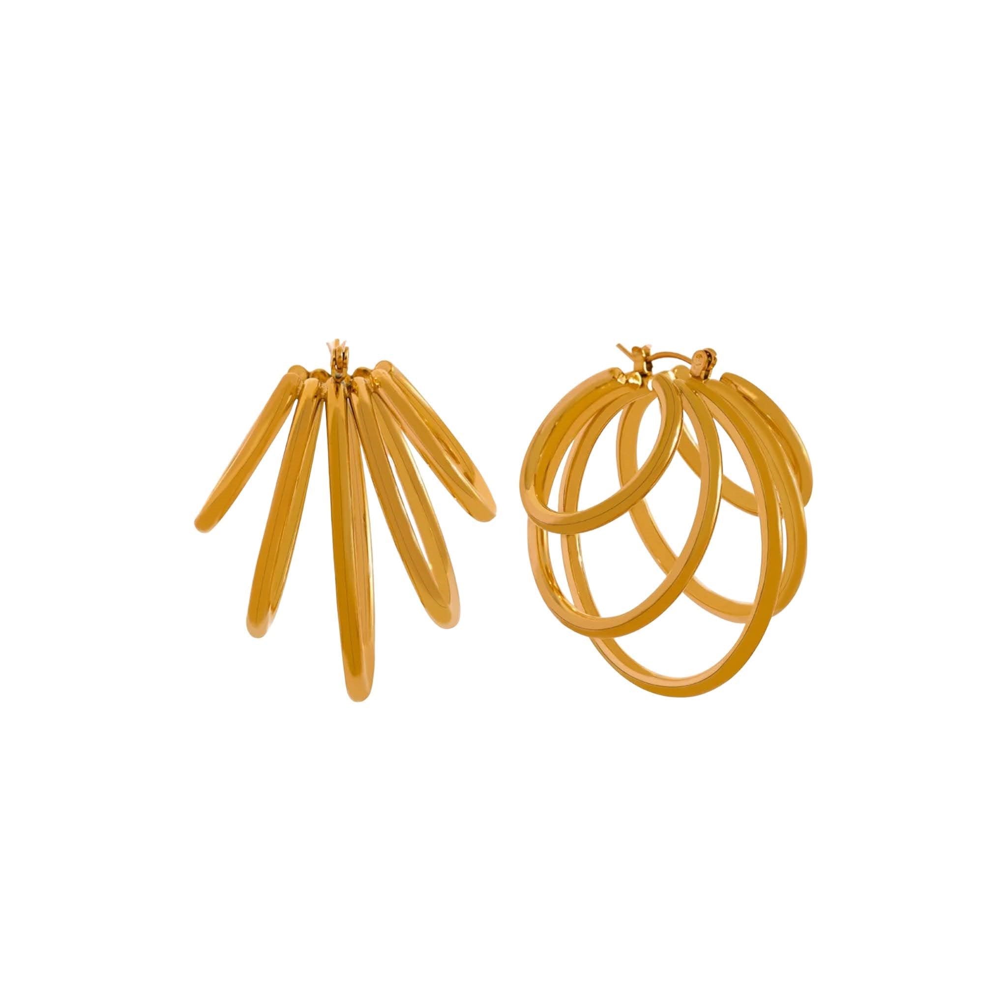 Gold hoop earrings with ornate swirl design, stainless steel, 18K gold plated, tarnish-resistant, hypoallergenic.