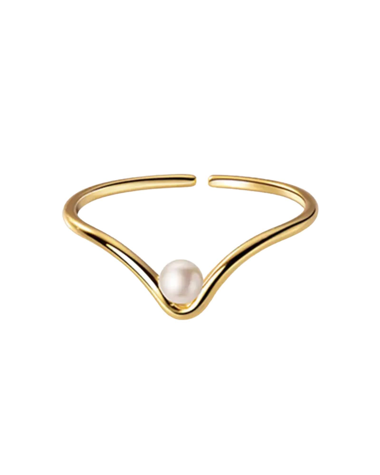 Dainty Pearl Ring by Lia Haddi - S925 18K Yellow Gold Plated, Tarnish resistant, water-resistant, hypoallergenic, featuring a simulated pearl in a chevron design. Size adjustable.