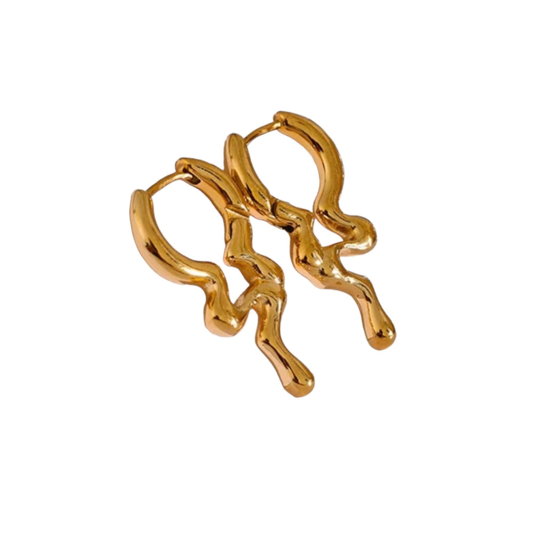 Gold abstract ripple hoop earrings, stainless steel, 18K gold plated, tarnish-resistant, hypoallergenic, minimalist design.