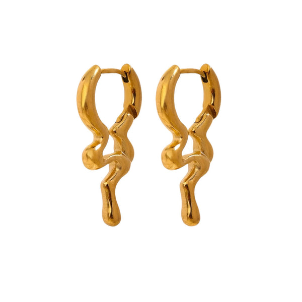 Gold abstract ripple hoop earrings, stainless steel, 18K gold plated, tarnish-resistant, hypoallergenic, minimalist design.