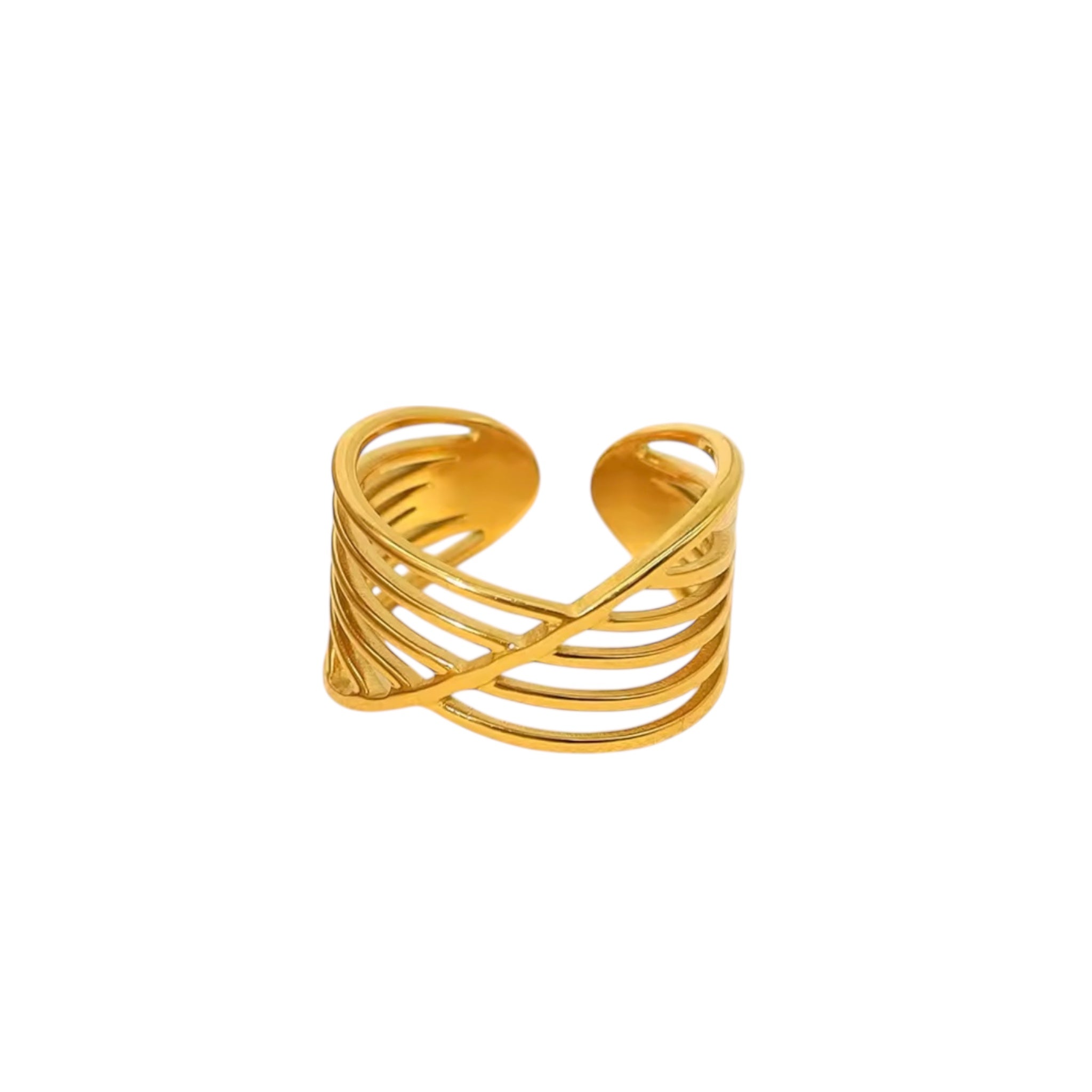 Gold crossover open band statement ring