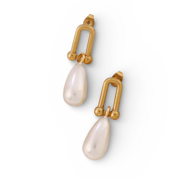 Gold geometric drop earrings with teardrop pearl pendant