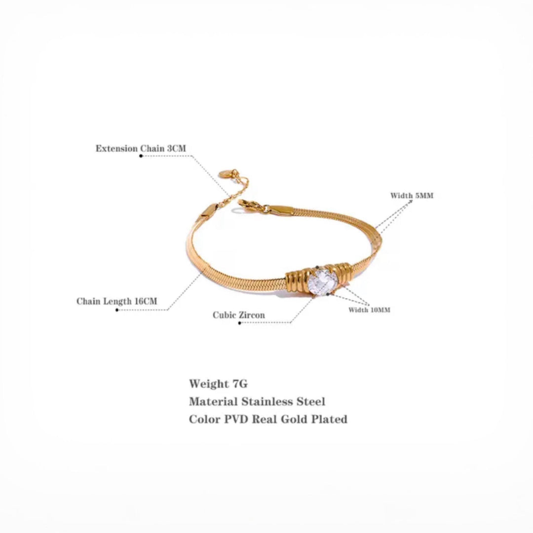 Aurora Radiance Herringbone Bracelet - Elegant gold-plated stainless steel bracelet featuring a single brilliant-cut cubic zirconia, with a chain length of 16cm and an extension of 3cm, weighing 7g.