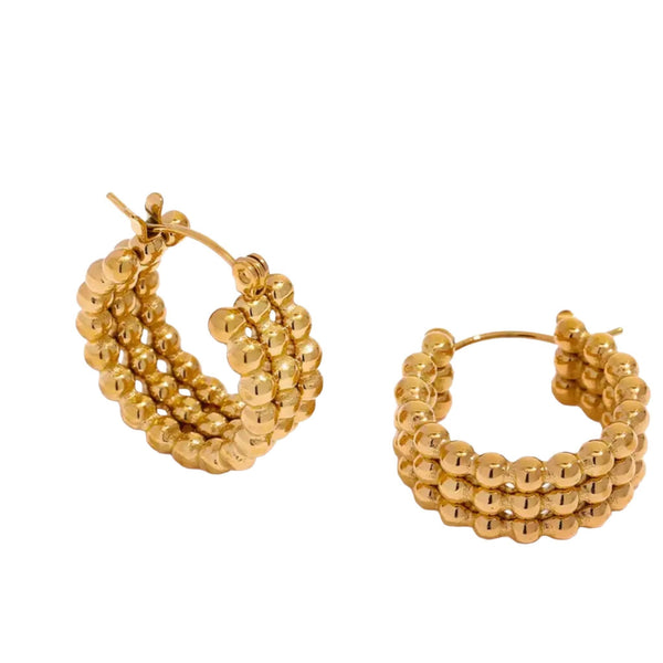 Beaded Hoop Earrings by Lia Haddi - 18K Gold Plated, Tarnish resistant, water-resistant, hypoallergenic, eco-friendly, featuring elegant beaded design.