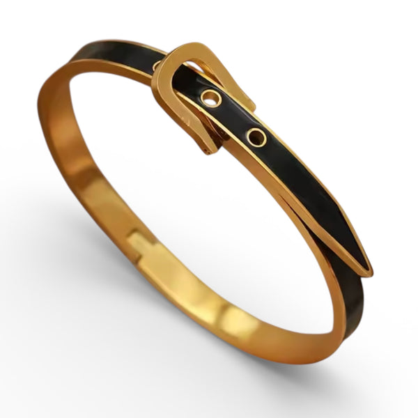 Black enamel buckle bangle in 18K gold plated stainless steel