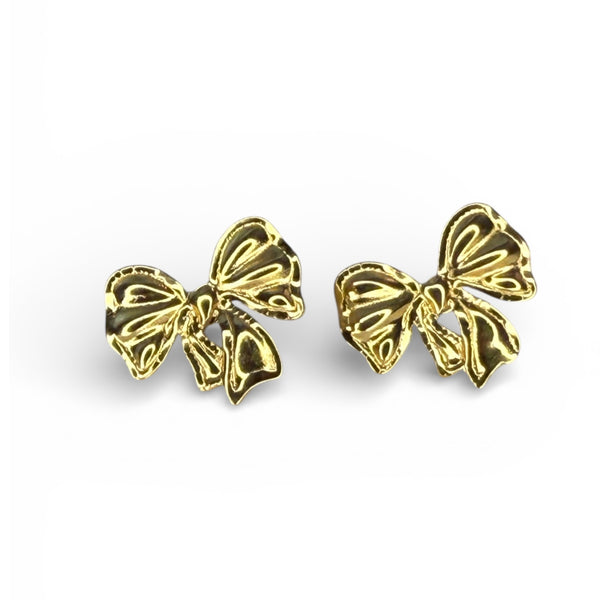 Gold ribbon bow stud earrings