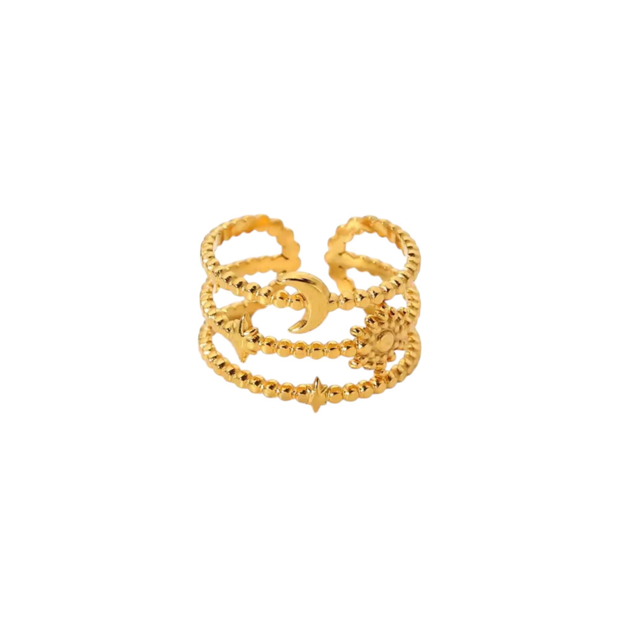 Gold celestial moon star sun layered adjustable ring