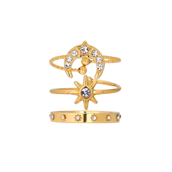 Gold celestial moon and star crystal stackable ring set