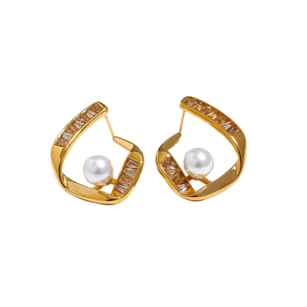 Crescent Pearl CZ Earrings by Lia Haddi - 18K Gold Plated, Tarnish resistant, water-resistant, hypoallergenic, eco-friendly, featuring crescent design with pearl and CZ accents