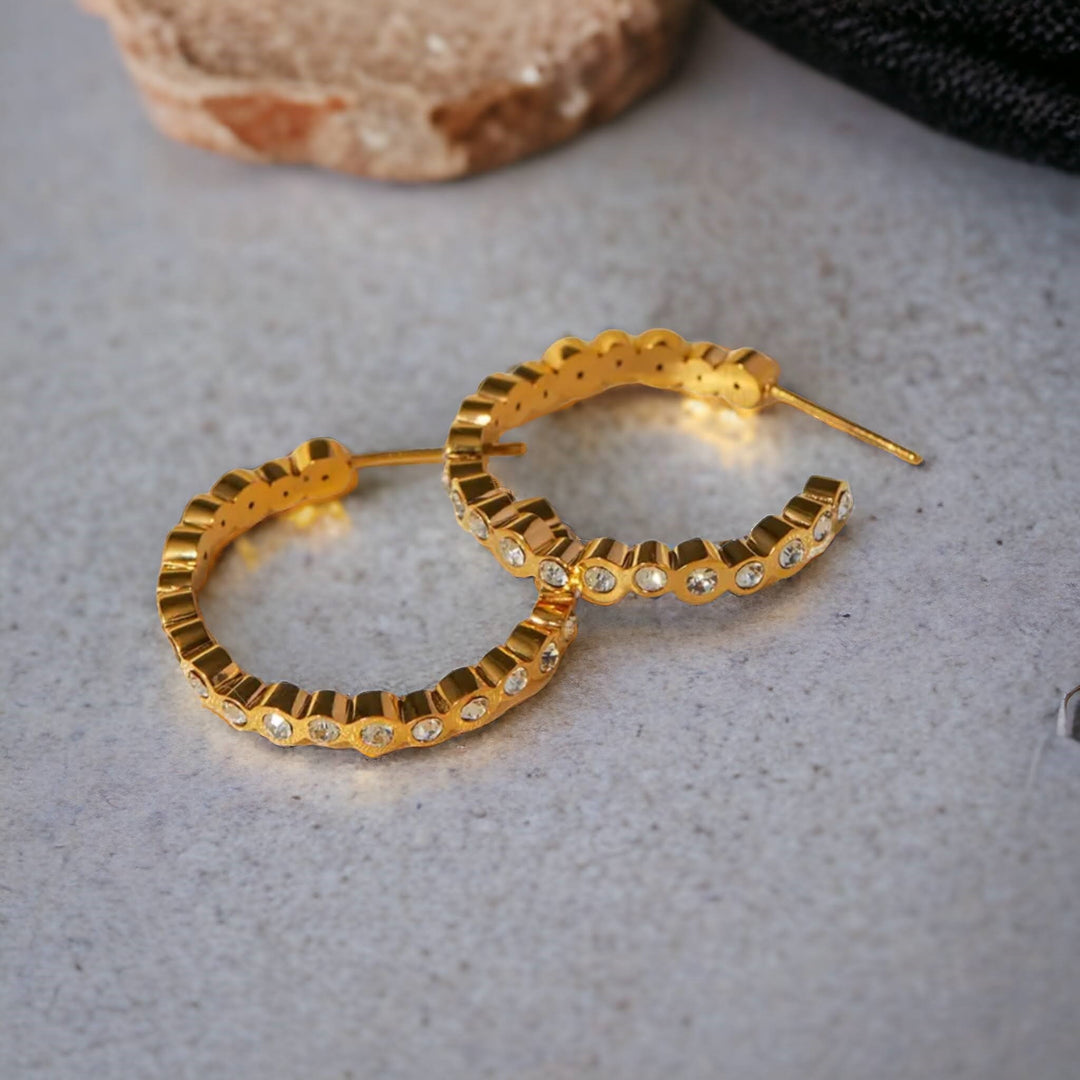 Crystal Wave Hoop Earrings, 18K Gold Plated, Inlaid with Cubic Zirconia, Tarnish and Water-Resistant, Hypoallergenic.