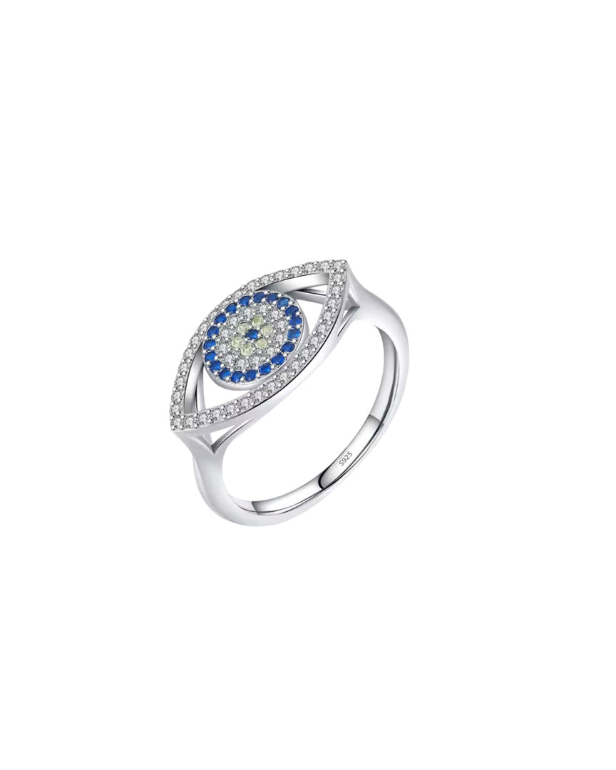 Stylish silver ring featuring a shield-shaped design with sparkling blue and white crystals, a statement piece from Lia Haddi  Modern Jewelry.