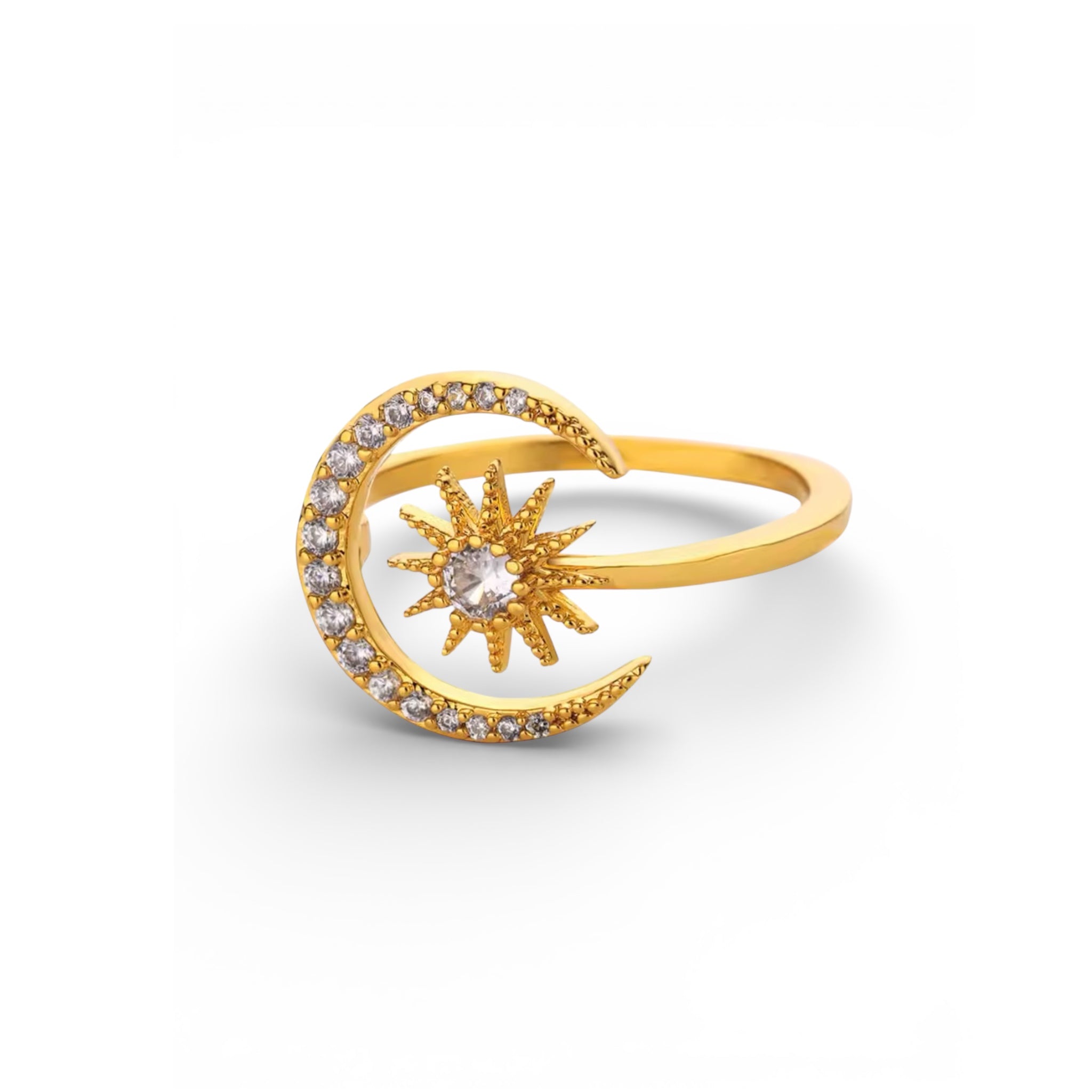 Gold crescent pavé ring with sunburst center in 18K gold plated stainless steel