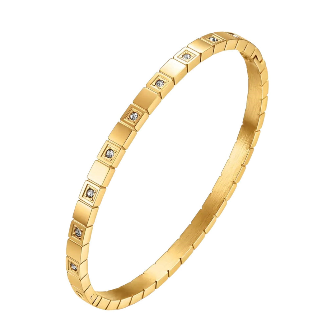 Eternal Radiance Bangle Bracelet, Stainless Steel, 18K Gold Plated, Inlaid Cubic Zirconia, Hypoallergenic, Tarnish and Water-Resistant.