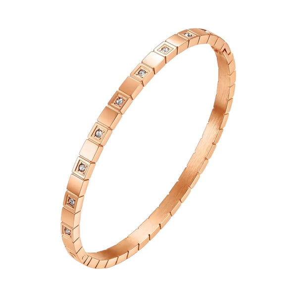 Eternal Radiance Bangle Bracelet, Stainless Steel, 18K Gold Plated, Inlaid Cubic Zirconia, Hypoallergenic, Tarnish and Water-Resistant.