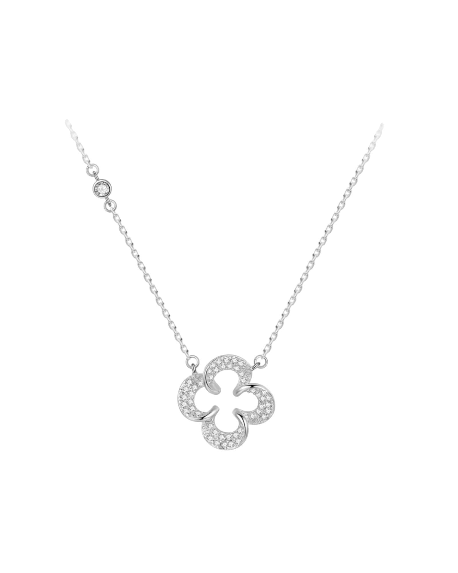 Elegant silver necklace featuring a sparkling floral gardenia pendant adorned with dazzling cubic zirconia stones, perfect for adding a touch of sophistication from Lia Haddi