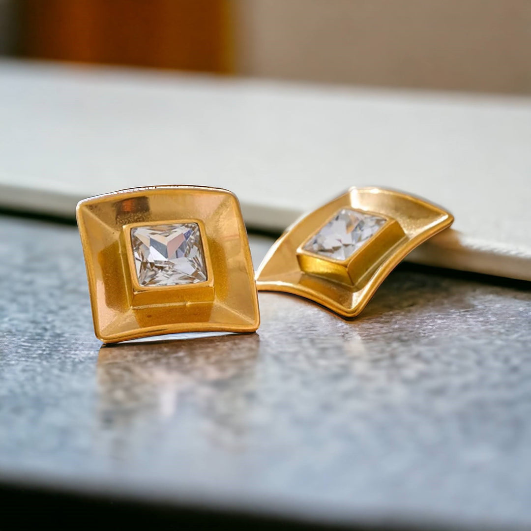 Square-shaped gold prism stud earrings, stainless steel, 18K gold plated, tarnish-resistant, hypoallergenic, minimalist design.