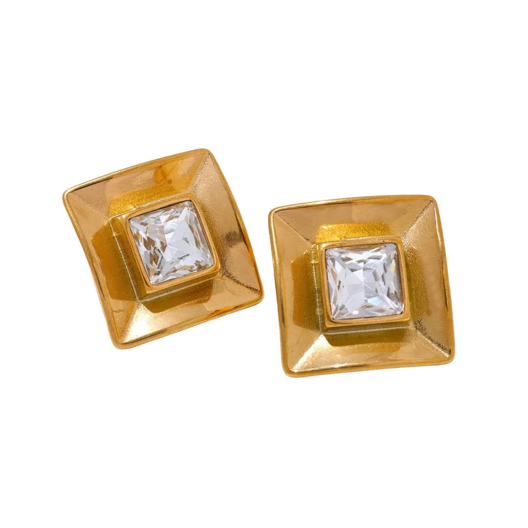 Square-shaped gold prism stud earrings, stainless steel, 18K gold plated, tarnish-resistant, hypoallergenic, minimalist design.