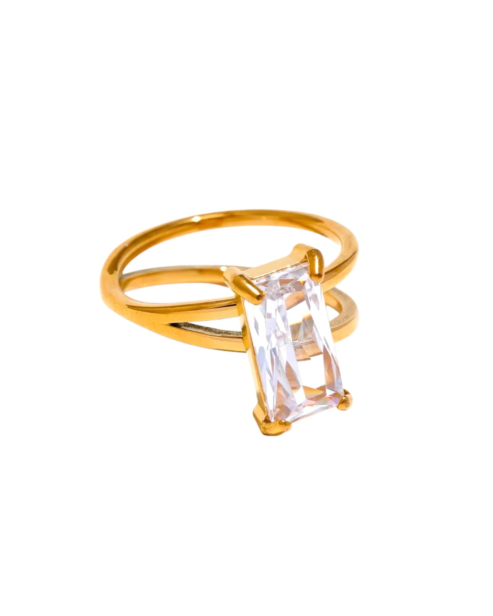 Gold geometric solitaire ring featuring a rectangular crystal centerpiece, a bold and modern design by Lia Haddi Modern Jewelry