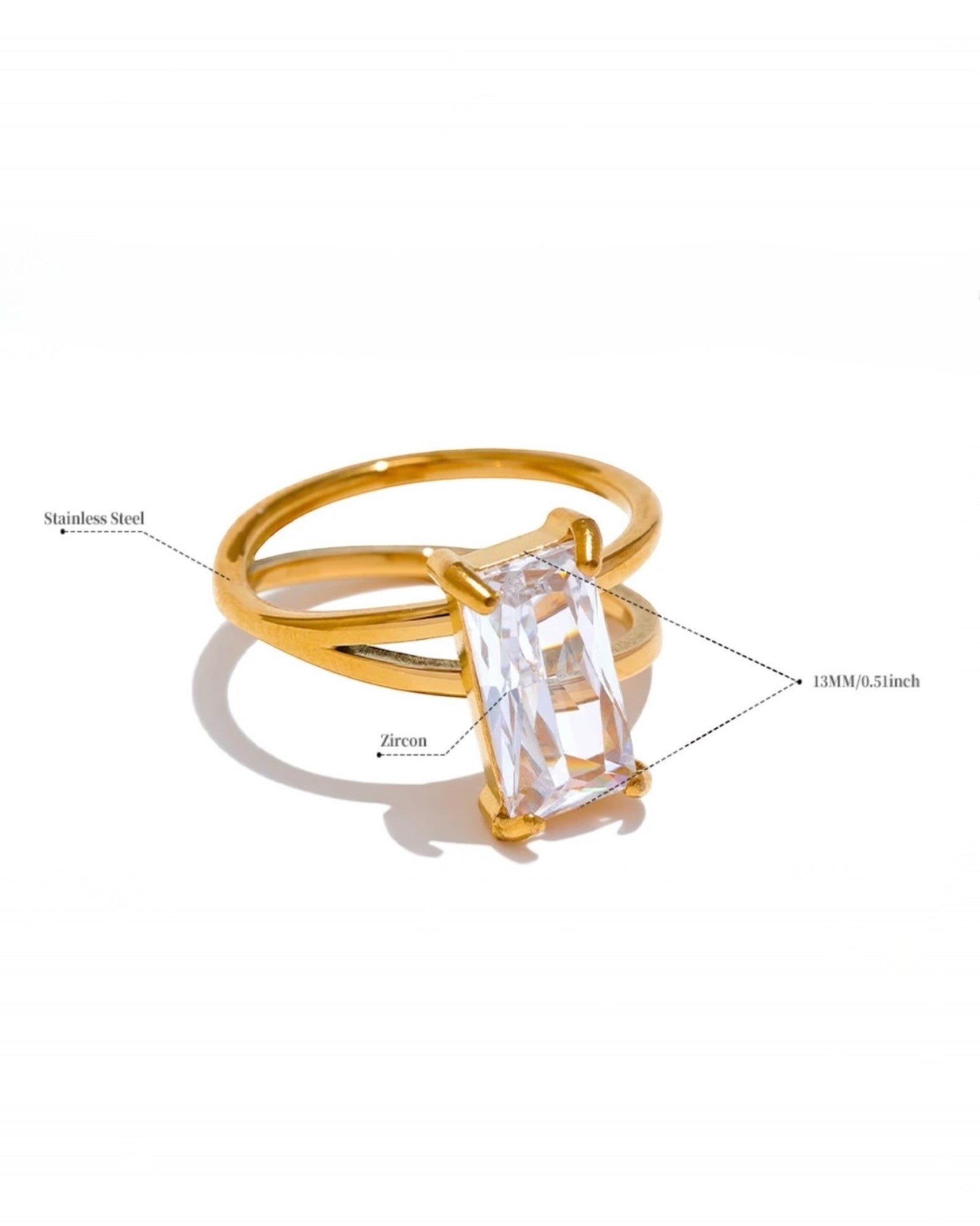 Gold geometric solitaire ring featuring a rectangular crystal centerpiece, a bold and modern design by Lia Haddi Modern Jewelry