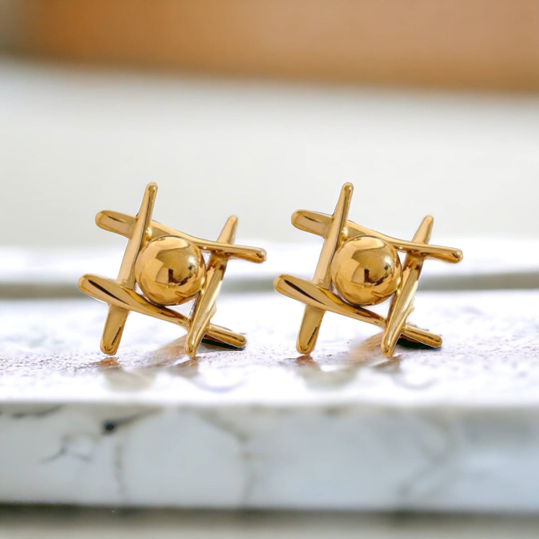 Gold geometric sphere stud earrings, stainless steel, 18K gold plated, tarnish-resistant, hypoallergenic, minimalist design.