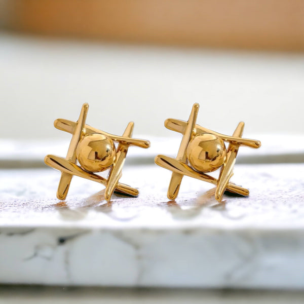 Gold geometric sphere stud earrings, stainless steel, 18K gold plated, tarnish-resistant, hypoallergenic, minimalist design.