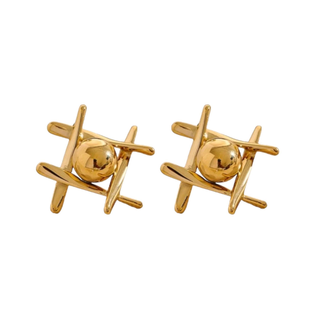 Gold geometric sphere stud earrings, stainless steel, 18K gold plated, tarnish-resistant, hypoallergenic, minimalist design.