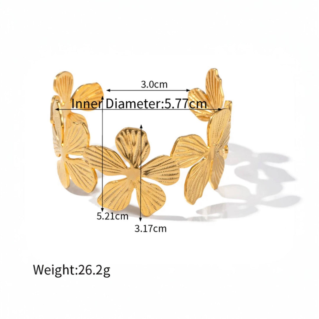 Golden Blossom Cuff Bracelet, 26.2g, Stainless Steel, PVD Real Gold Plated, Inner Diameter 5.77cm, Floral Design