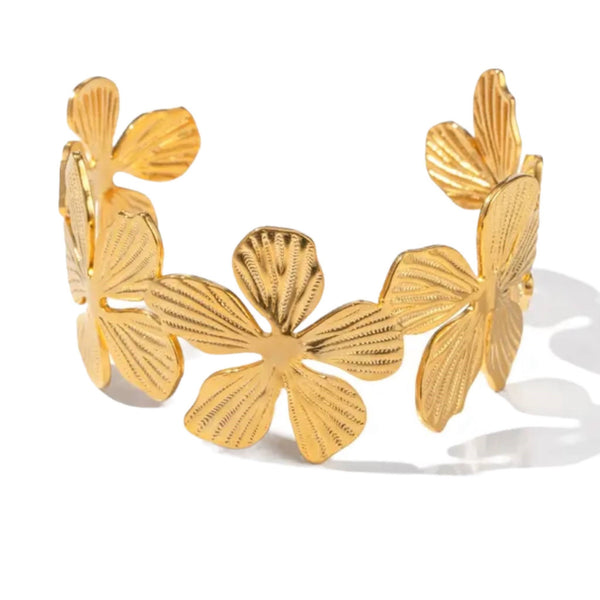 Golden Blossom Cuff Bracelet, 26.2g, Stainless Steel, PVD Real Gold Plated, Inner Diameter 5.77cm, Floral Design