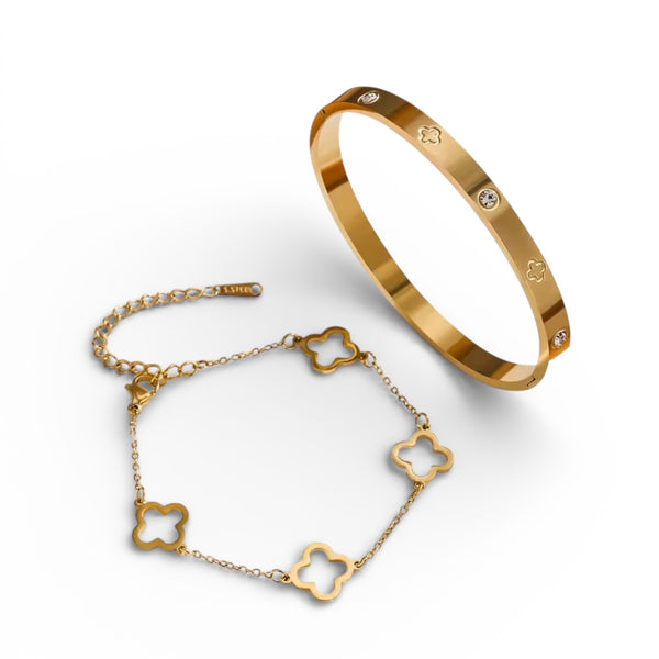 Two-piece clover bracelet set with CZ bangle and clover station chain bracelet in 18K gold plated stainless stee