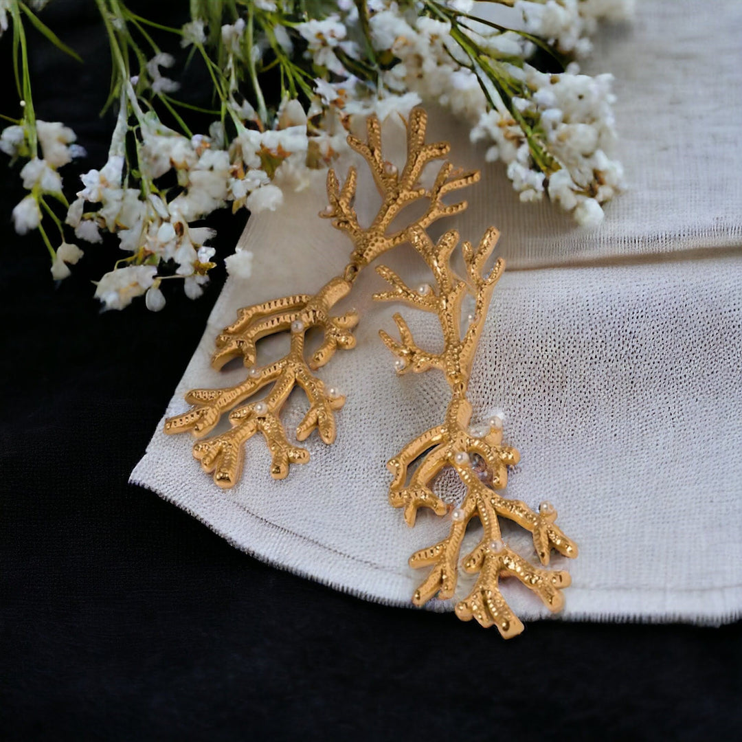 Gold coral branch earrings, stainless steel, 18K gold plated, tarnish-resistant, hypoallergenic, minimalist design.