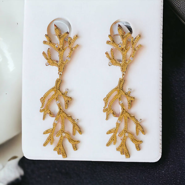 Gold coral branch earrings, stainless steel, 18K gold plated, tarnish-resistant, hypoallergenic, minimalist design.