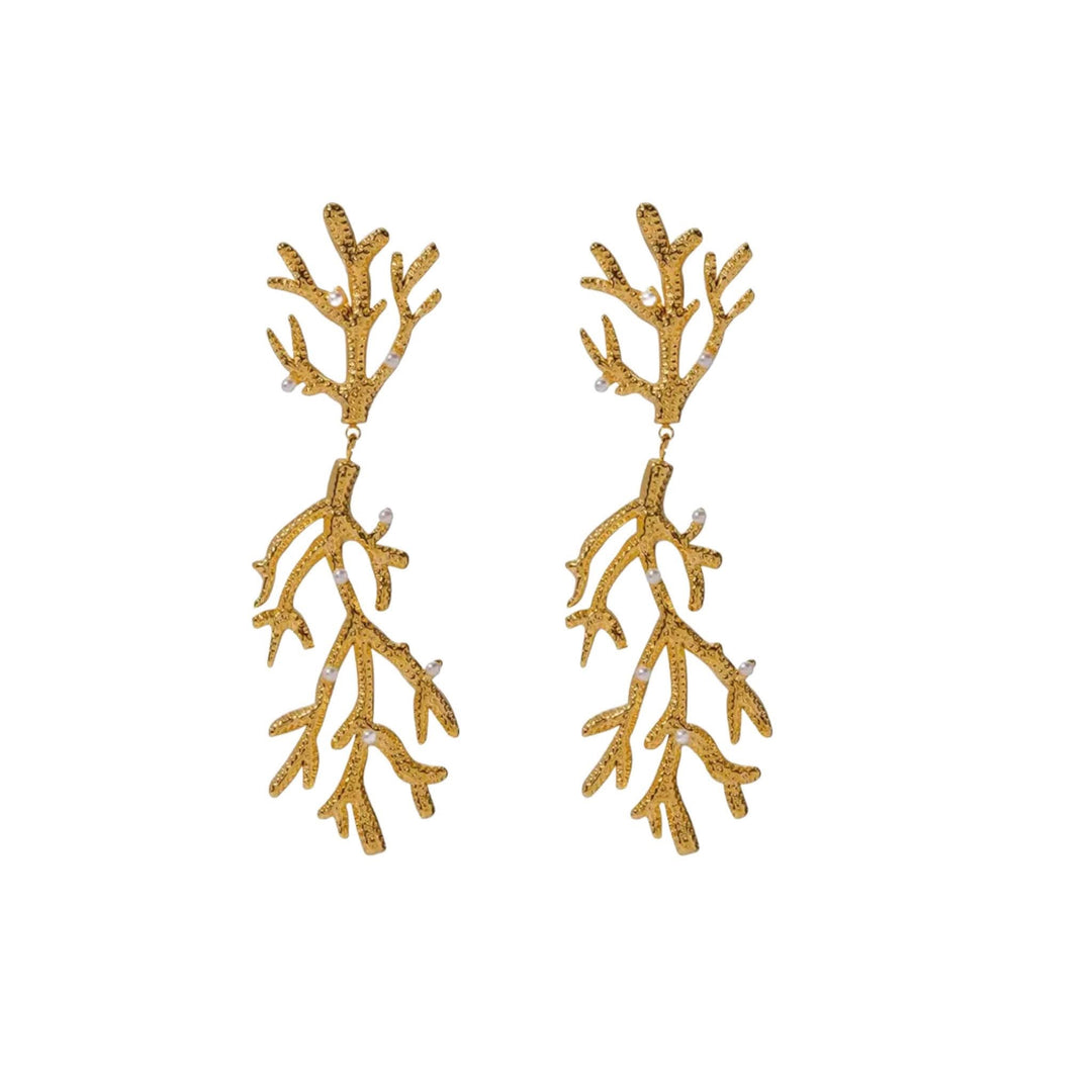 Gold coral branch earrings, stainless steel, 18K gold plated, tarnish-resistant, hypoallergenic, minimalist design.