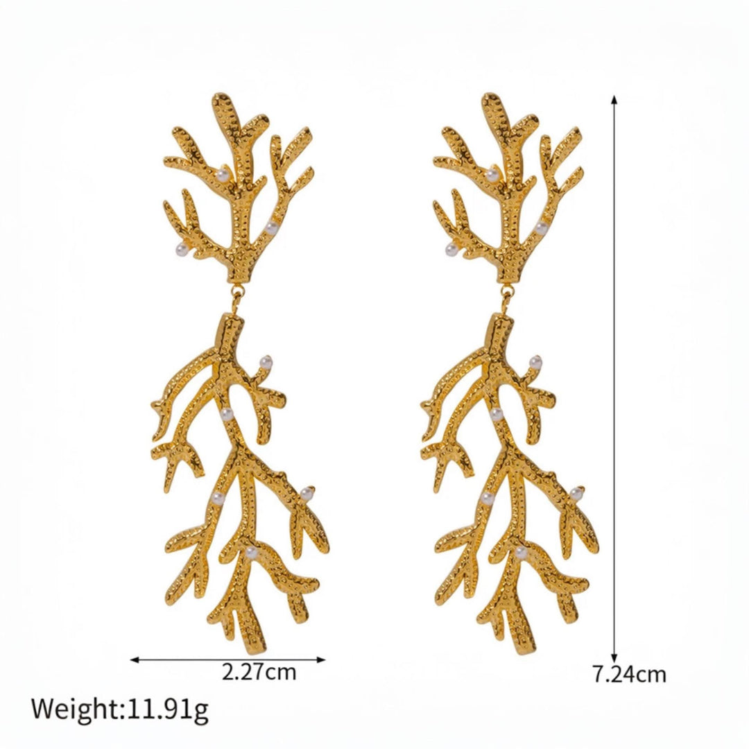 Gold coral branch earrings, stainless steel, 18K gold plated, tarnish-resistant, hypoallergenic, minimalist design.