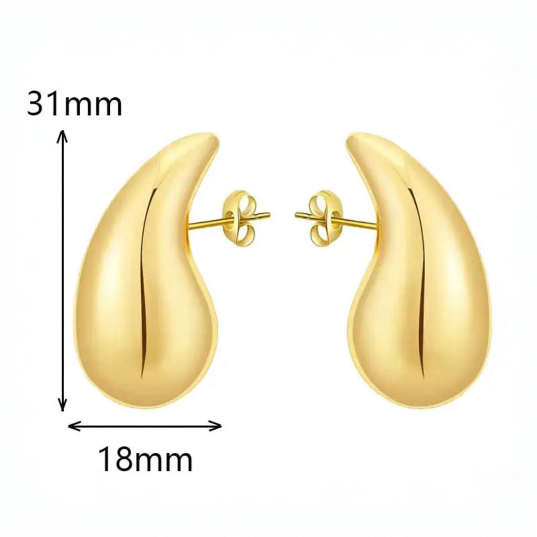 Elegant gold droplet-shaped earrings, stainless steel, PVD 18K gold plated, dimensions 31mm x 18mm