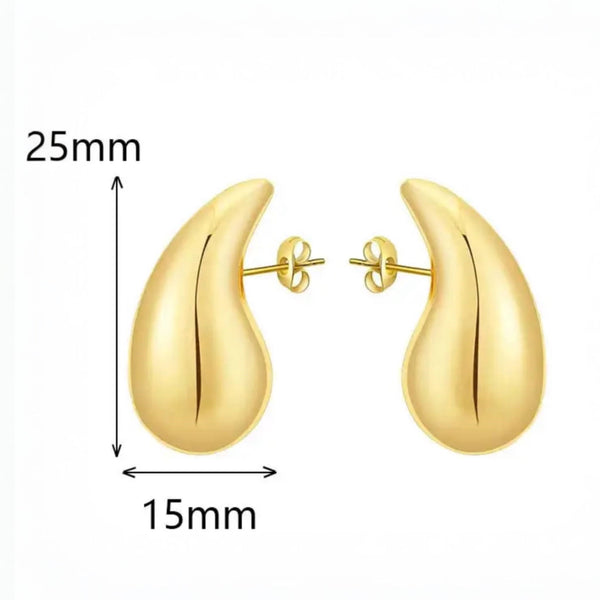 Gold droplet-shaped earrings, stainless steel, 18K gold plated, 25mm x 15mm, elegant and hypoallergenic.