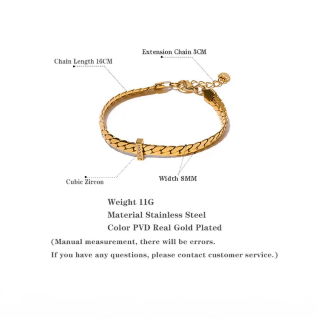 Golden Herringbone Bracelet - Elegant gold-plated stainless steel bracelet featuring a herringbone pattern, cubic zirconia details, and a central cross. Measures 16cm with a 3cm extension chain, 8mm width, and weighs 11g.