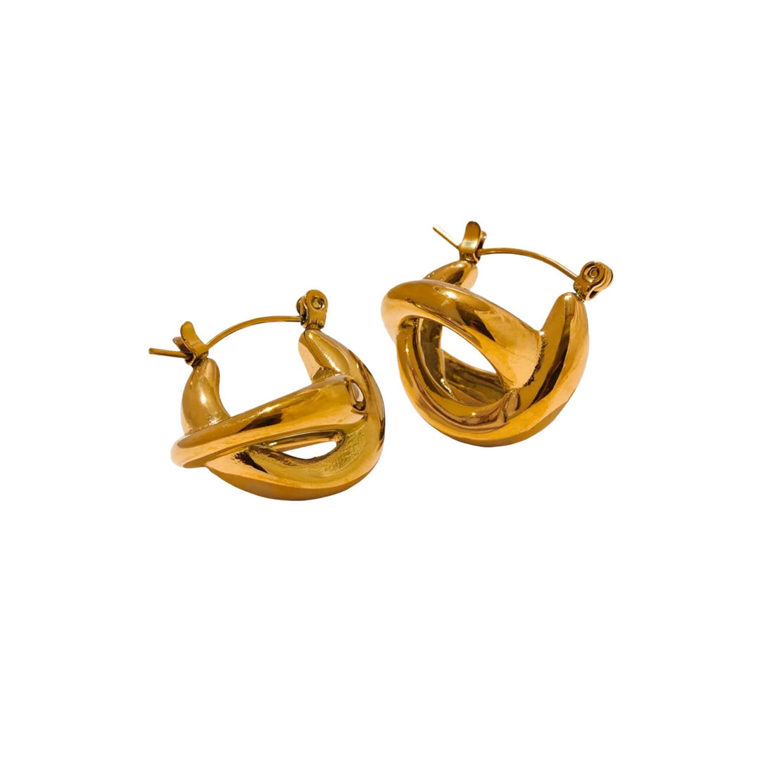 Gold infinity knot earrings, stainless steel, 18K gold plated, tarnish-resistant, hypoallergenic, minimalist design.