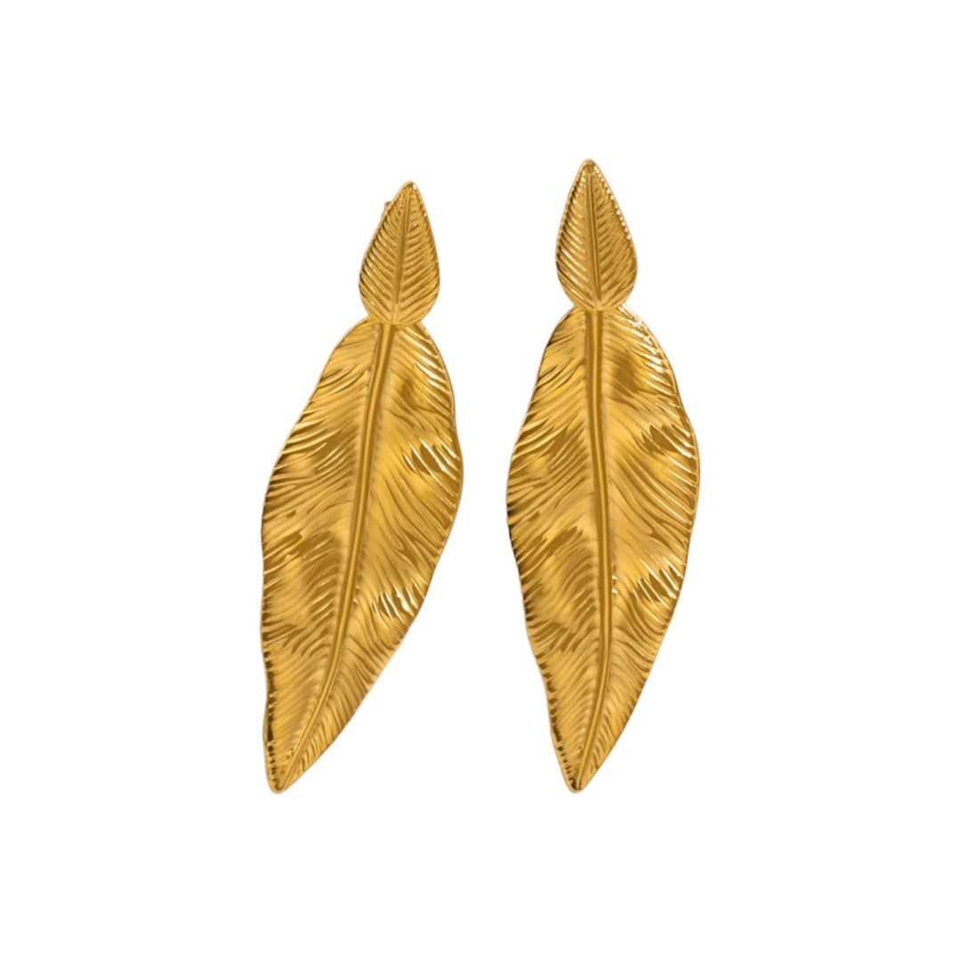 Elegant gold leaf-shaped earrings, stainless steel, PVD 18K gold plated, intricate detailing