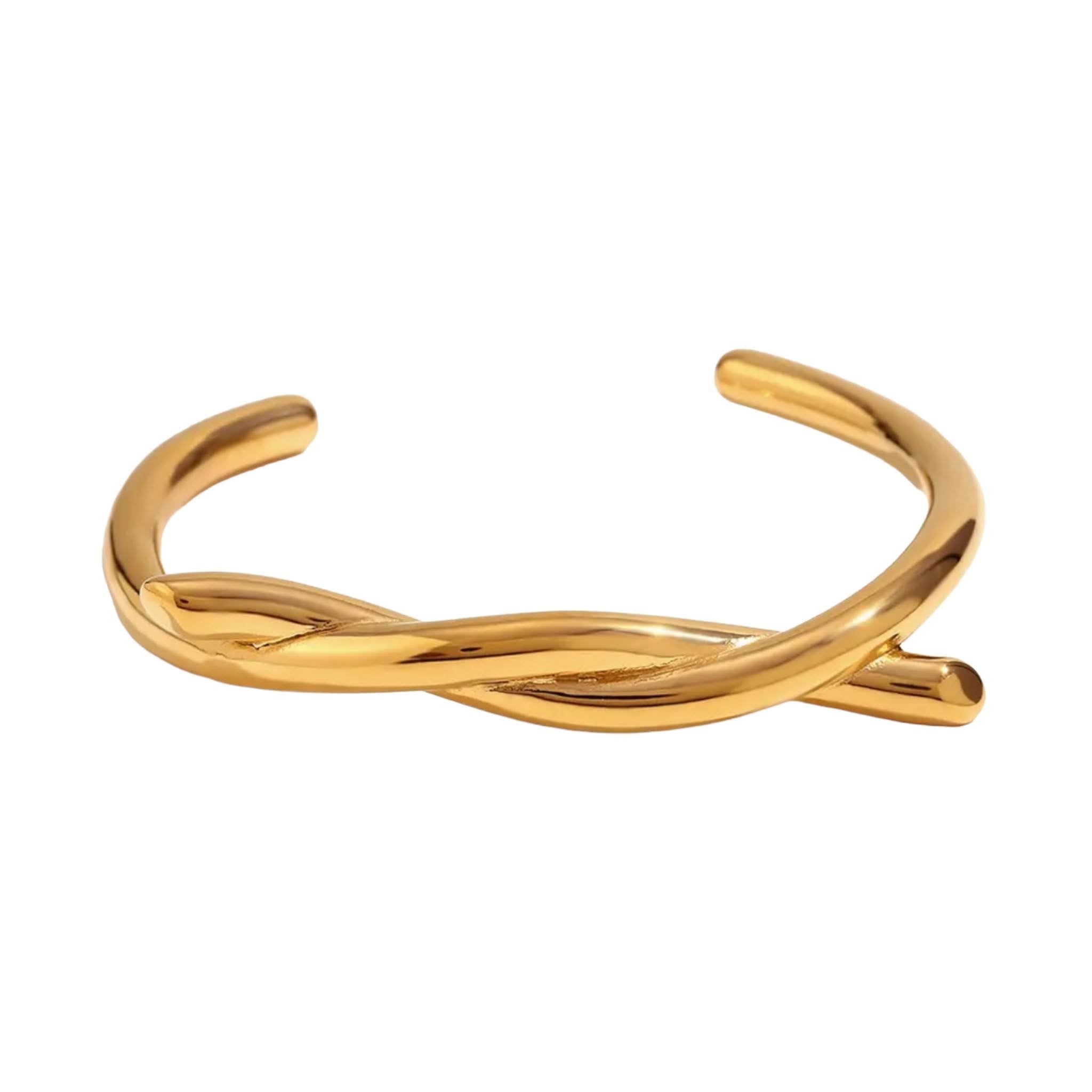 Golden Twine Cuff Bracelet, Stainless Steel, 18K Gold Plated, Tarnish and Water-Resistant, Hypoallergenic, Minimalist Design.