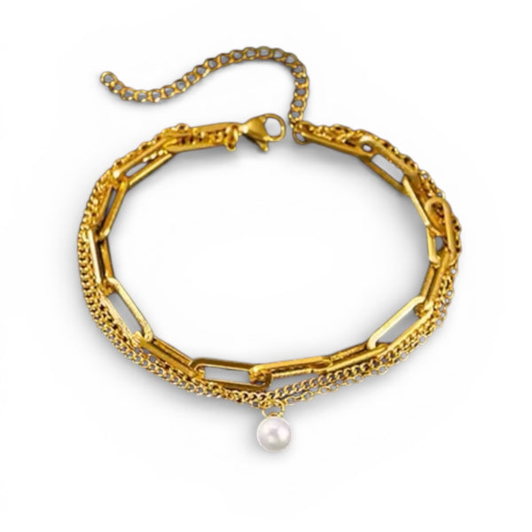 Layered gold paperclip link bracelet with chain detailing and pearl drop in 18K gold plated stainless steel