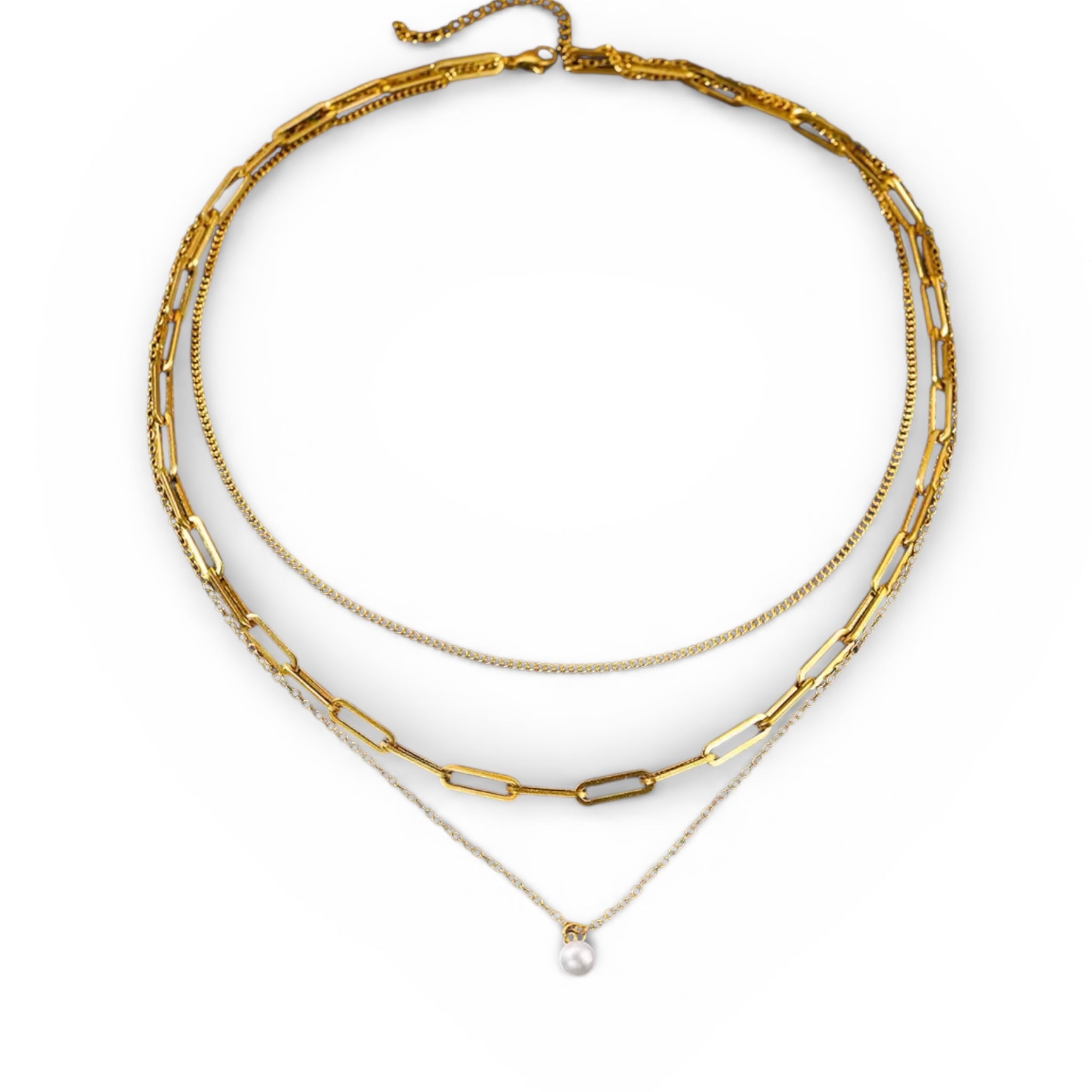 Layered gold paperclip link necklace with pearl drop in 18K gold plated stainless steel