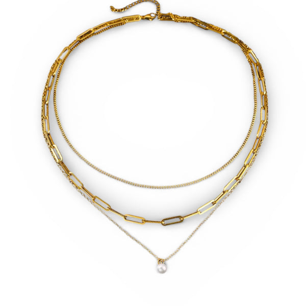 Layered gold paperclip link necklace with pearl drop in 18K gold plated stainless steel