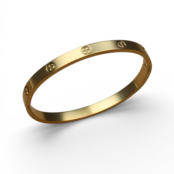 Gold engraved hinged bangle bracelet in 18K gold plated stainless steel