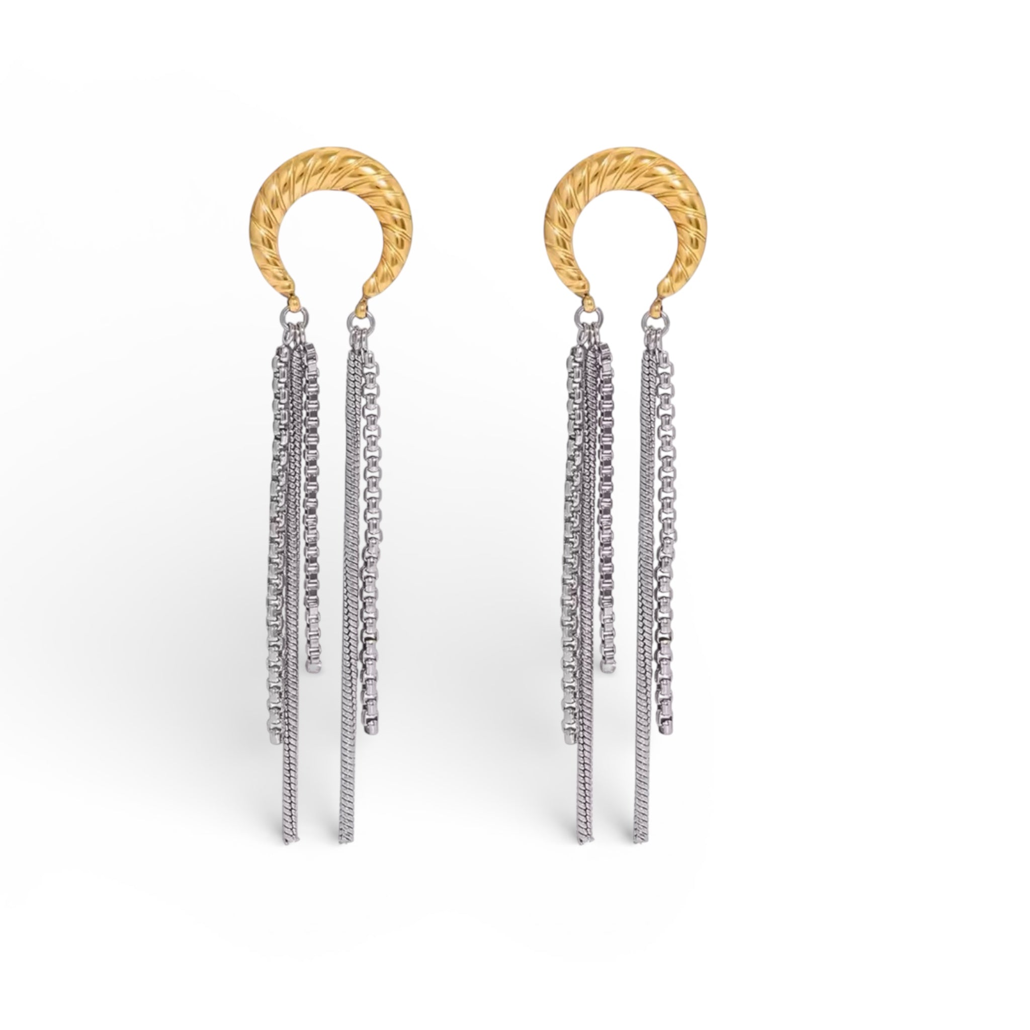Gold hoop earrings with cascading silver chain tassels