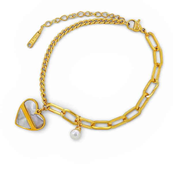 Paperclip link bracelet with mother-of-pearl heart charm and pearl drop in 18K gold plated stainless steel