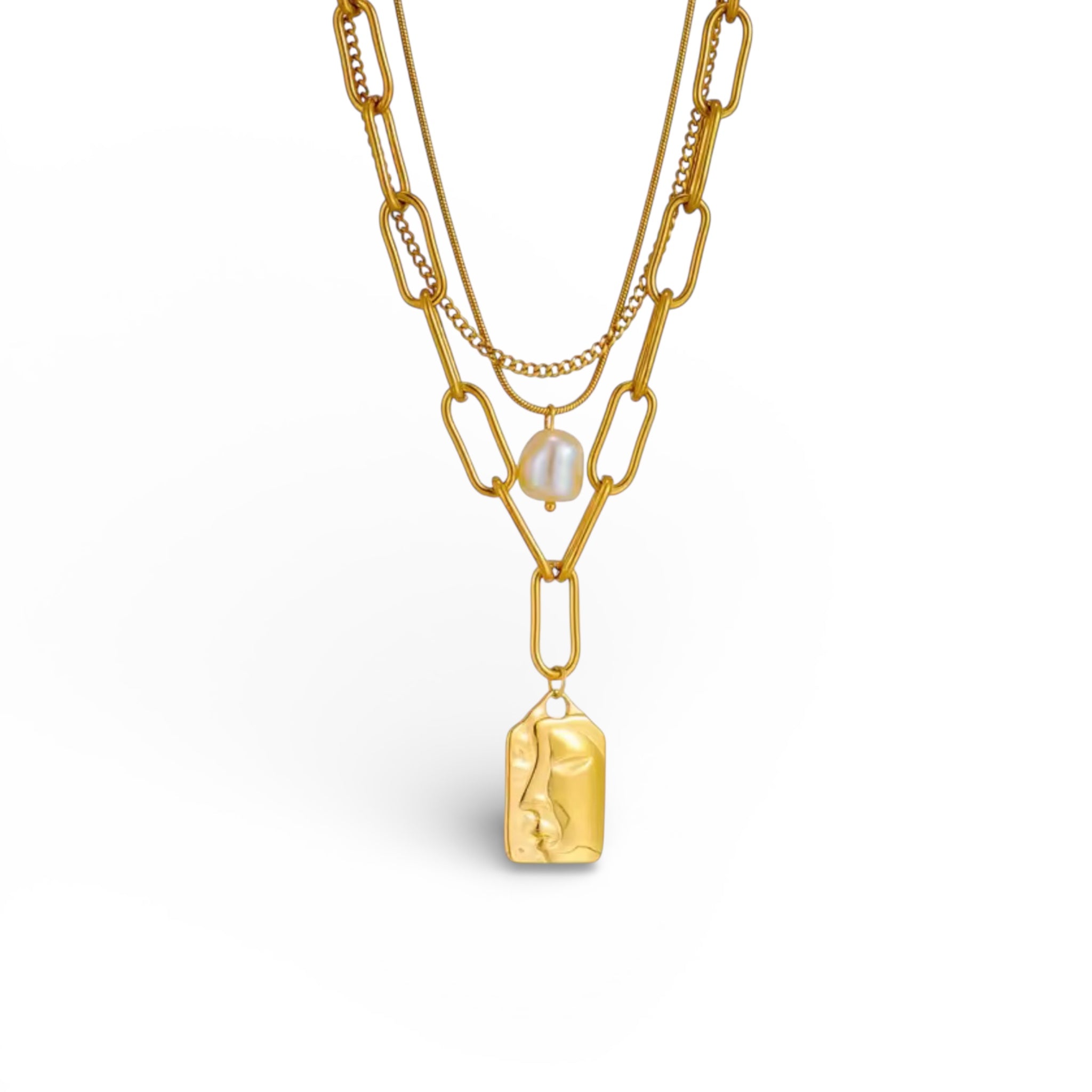 Layered gold paperclip necklace with sculpted tag pendant and pearl accent in 18K gold plated stainless steel