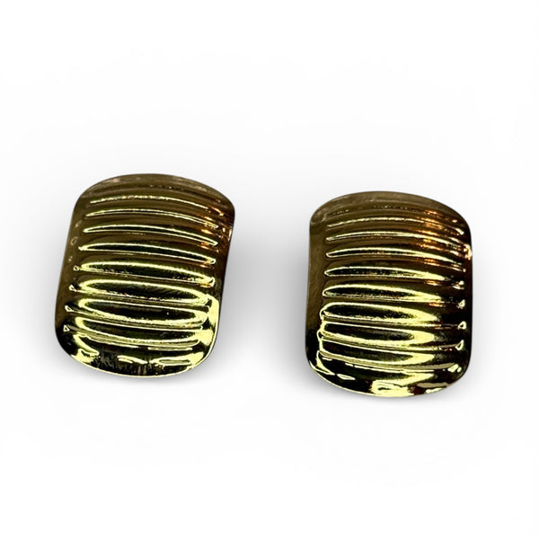 Square gold stud earrings with horizontal ridge texture