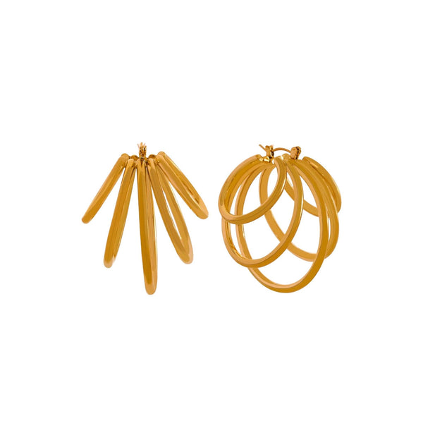 Gold hoop earrings with ornate swirl design, stainless steel, 18K gold plated, tarnish-resistant, hypoallergenic.