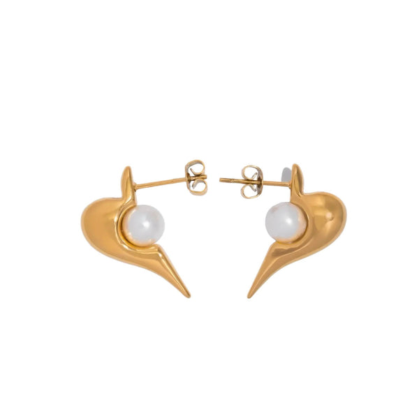 Pearl Accent Curve Earrings by Lia Haddi - 18K Gold Plated, Tarnish resistant, water-resistant, hypoallergenic, eco-friendly, sleek curved design with pearl accent.